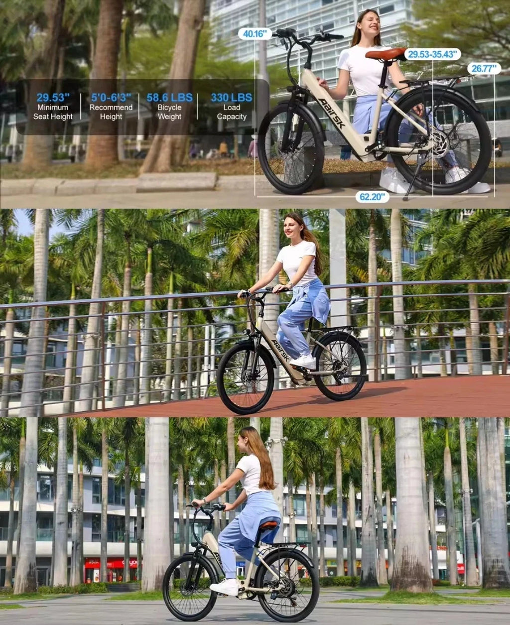 Woman riding an electric bike with specifications displayed on a screen.
