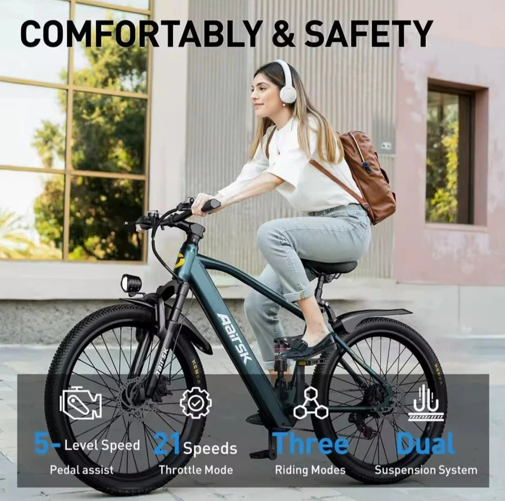 Woman riding an electric bike with text highlighting features, outdoors.