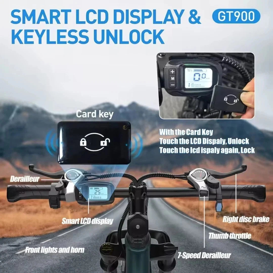 Bicycle handlebar with smart LCD display and keyless unlock feature, set against a mountain road background.