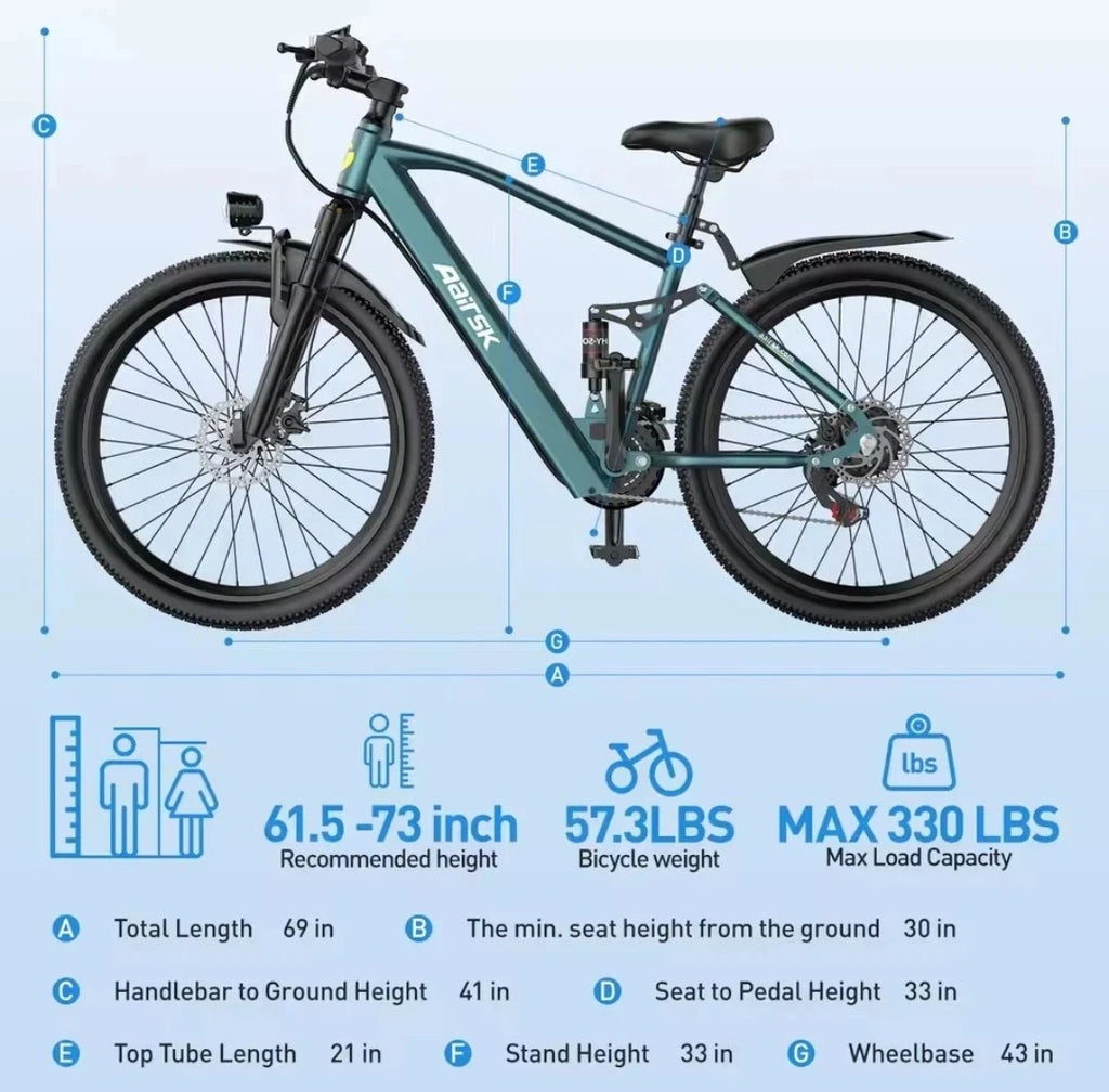 Electric bicycle with specifications on a blue background