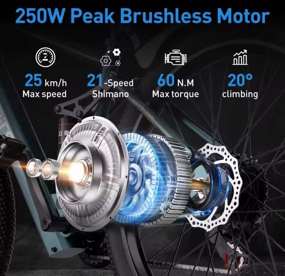 250W peak brushless motor with specifications on a dark background