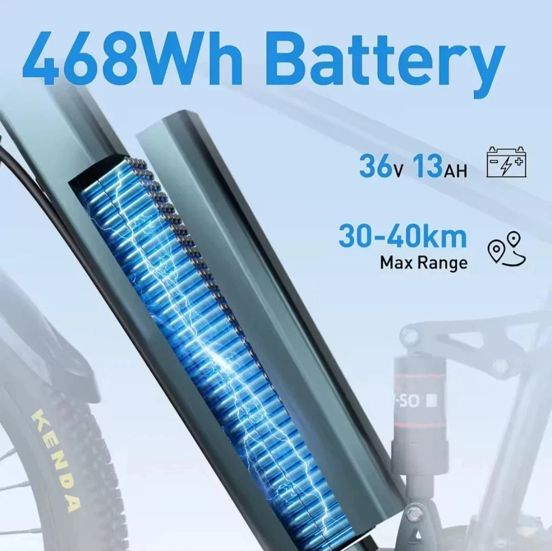 Bicycle battery pack with specifications on a clear background
