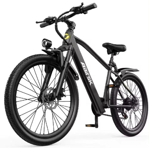 Black electric bicycle with visible branding on a white background