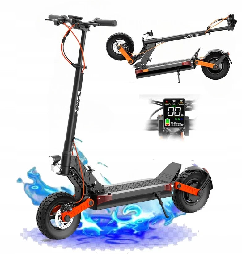 Electric scooter with a digital display on a white background showing it folding 