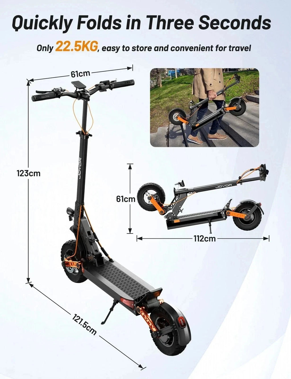 Electric scooter with folding mechanism, dimensions, and weight information on a light blue background.