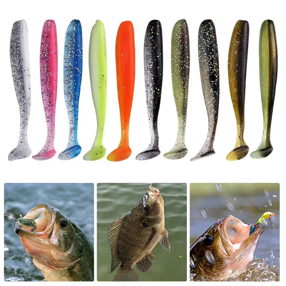 Set of colorful fishing lures with images of fish biting them.
