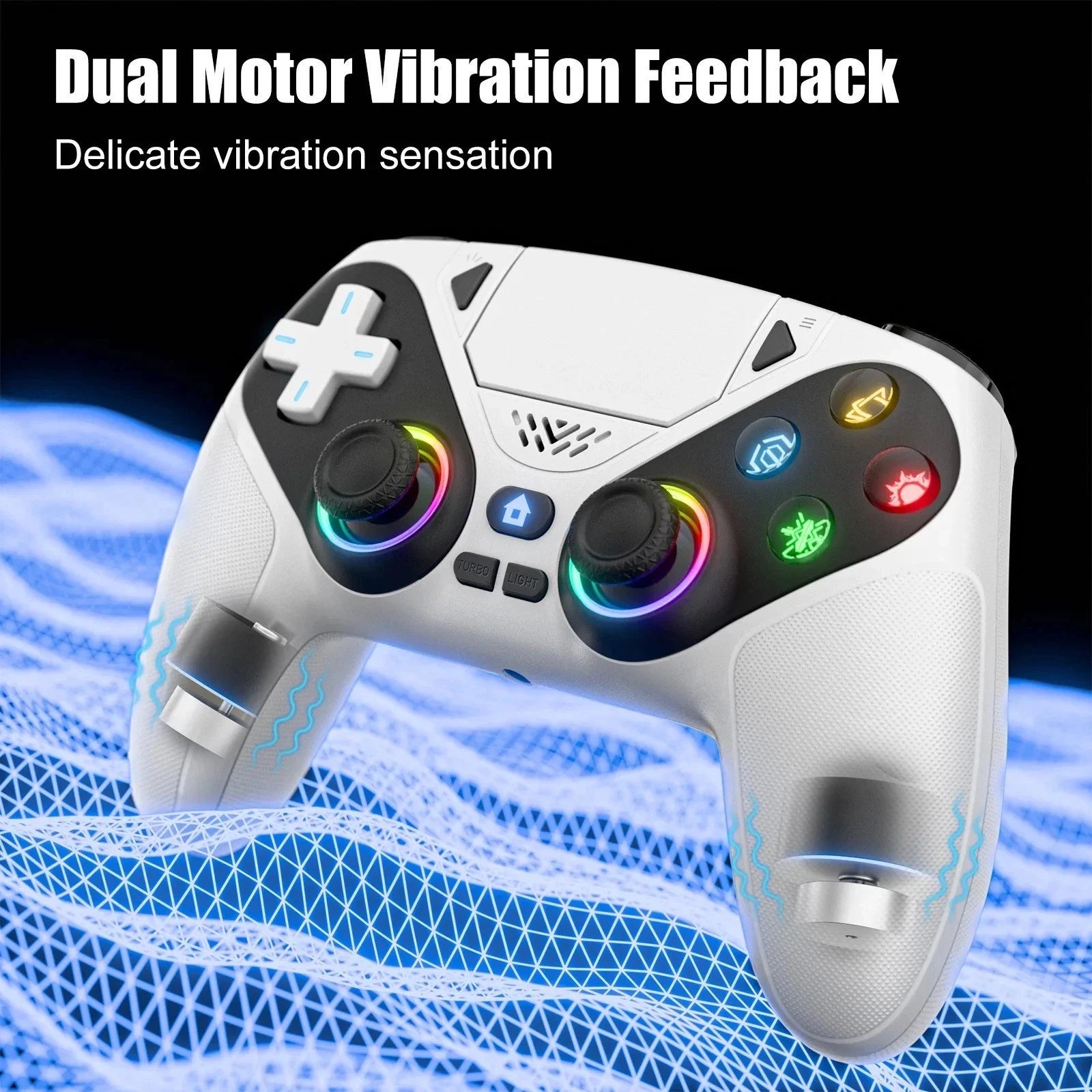 Gaming controller with dual motor vibration feedback on a dark background