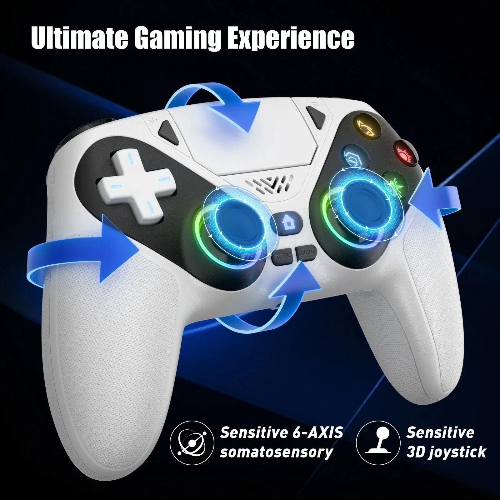 Gaming controller with colorful joysticks on a dark background, highlighting 'Ultimate Gaming Experience'.