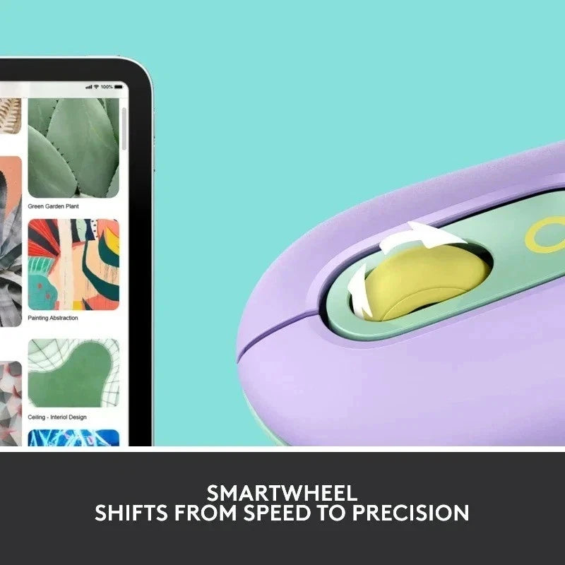 Purple computer mouse with a yellow trackball on a teal background, showing an app interface.  