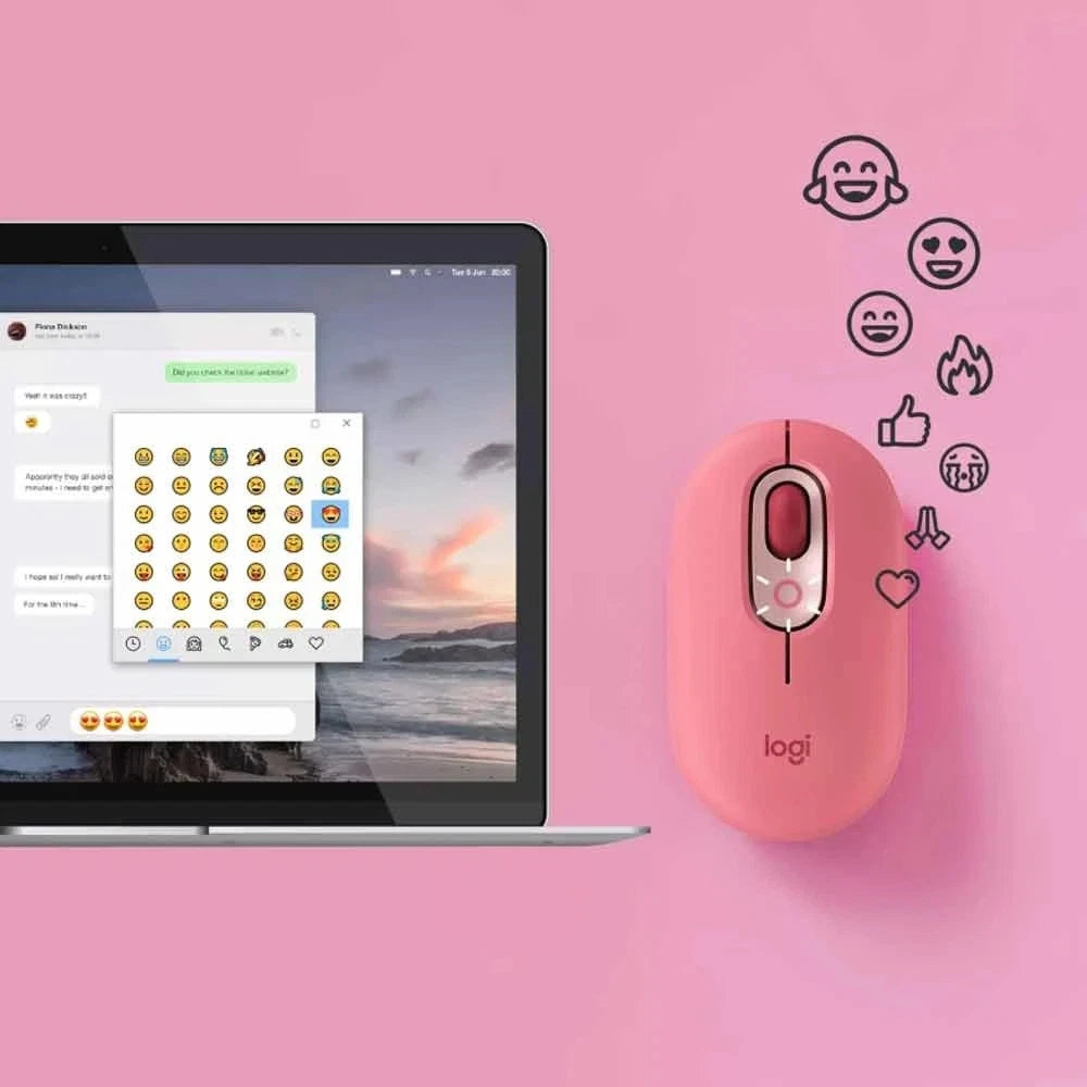 Pink computer mouse next to a laptop on a pink background with emoji icons.