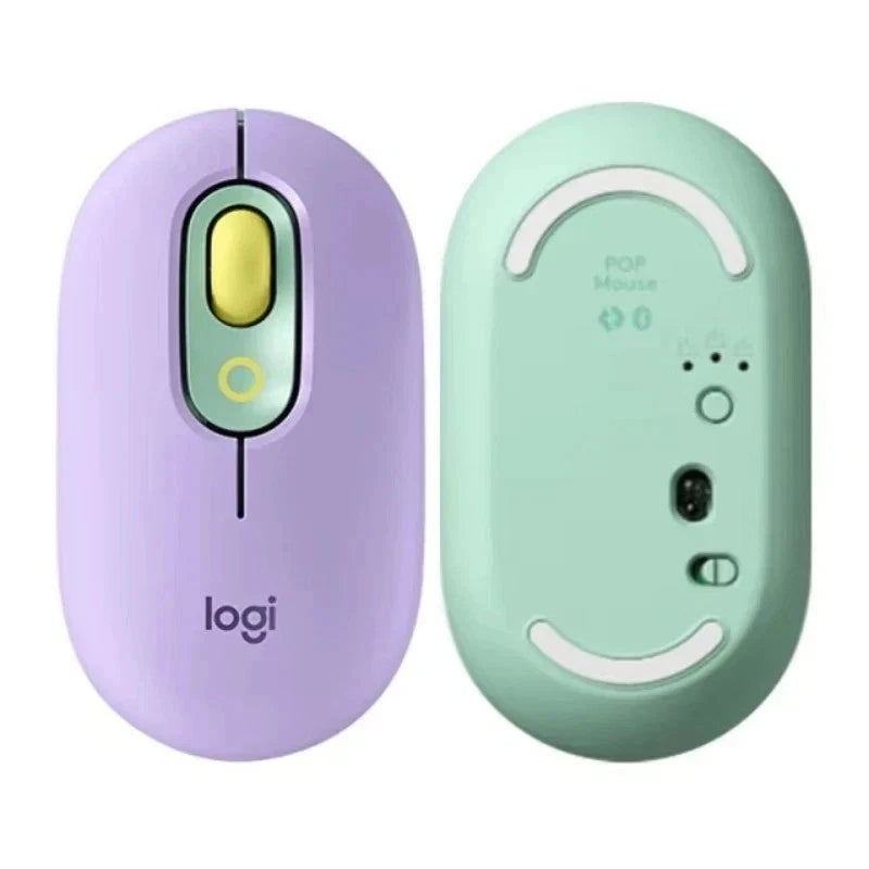 Logitech wireless purple mouse, showing the view from above and below, on a white background. 