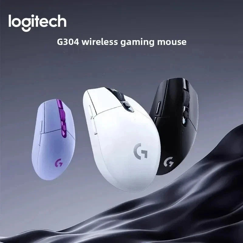 Logitech G304 wireless gaming mouse in three colors on a dark background