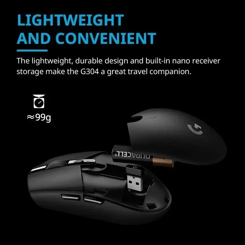 Black gaming mouse with USB receiver on a black background, featuring text about its lightweight and durable design.