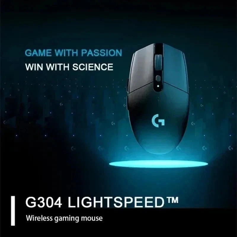 Gaming mouse with Logitech logo on a dark background, featuring text about gaming philosophy.