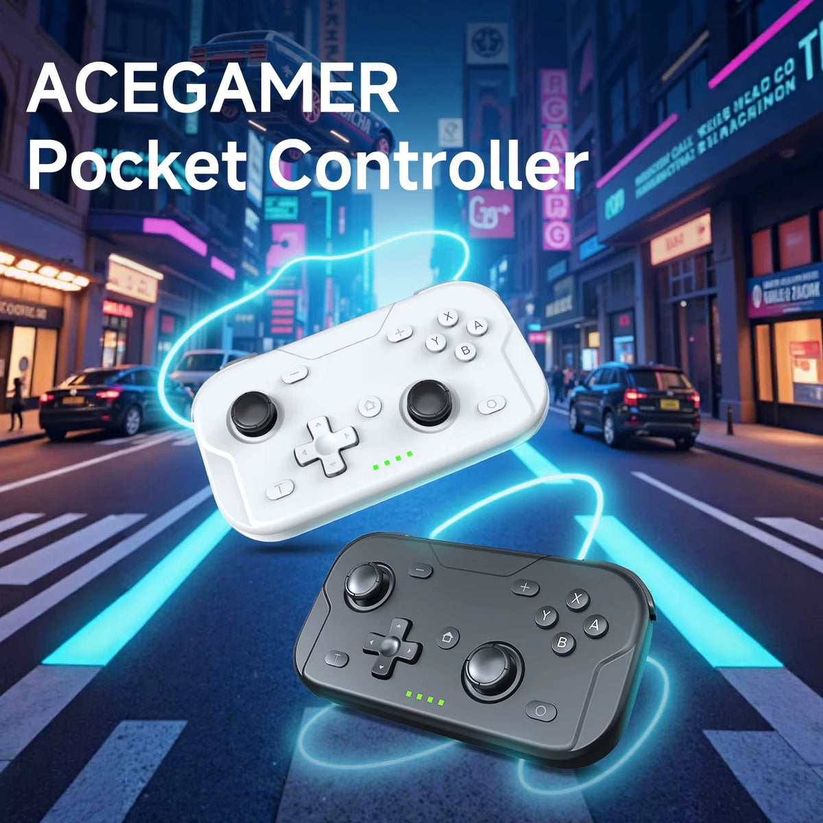 ACEGAMER Pocket Controllers in white and dark gray floating above a neon city street background. Compact wireless design with dual joysticks, D‑pads, and action buttons for Nintendo Switch, Android, iOS, PC, and Steamdeck.