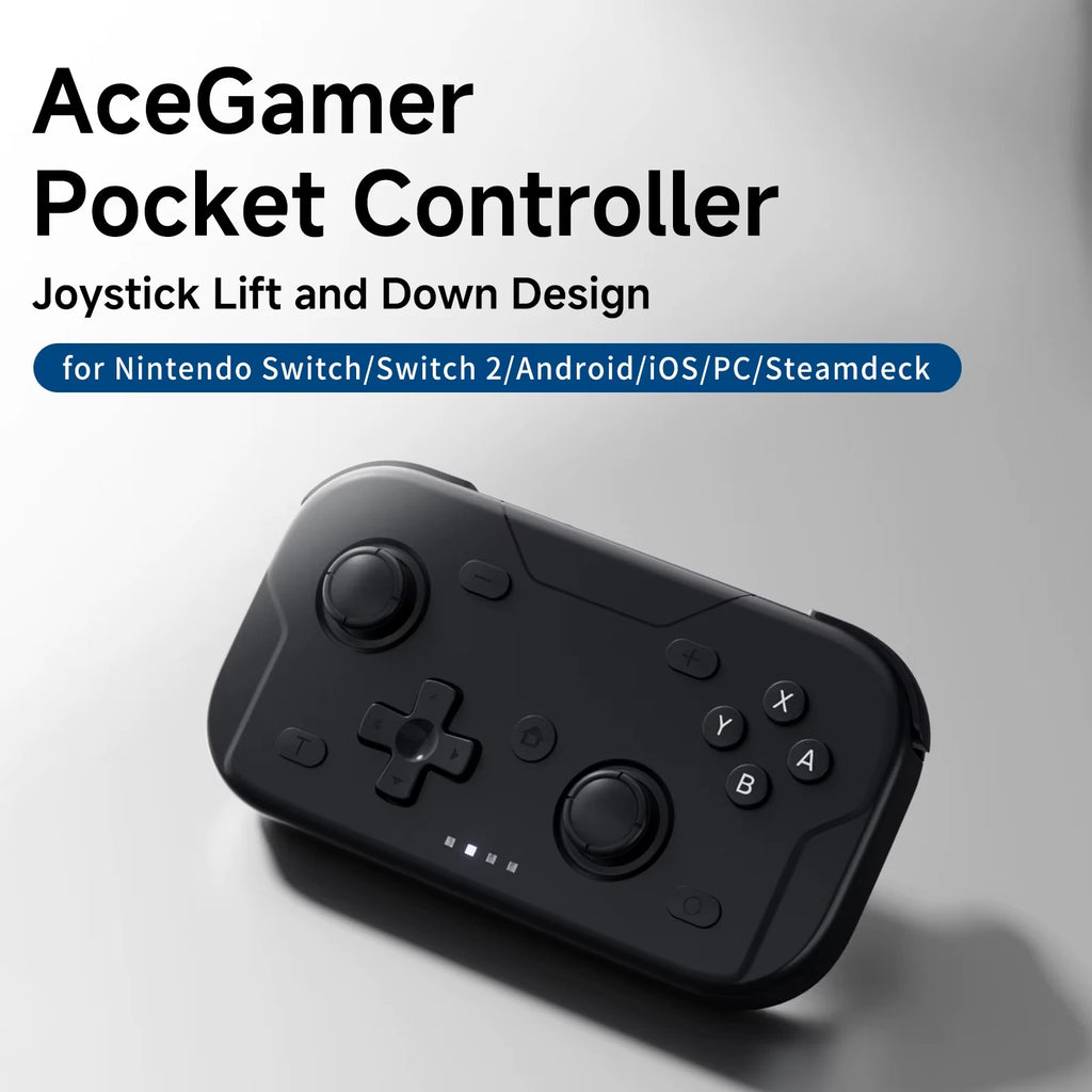 AceGamer Pocket Controller with dual joysticks, D‑pad, and action buttons for Nintendo Switch, Android, iOS, PC, and Steamdeck. Compact black design with joystick lift‑and‑down feature.