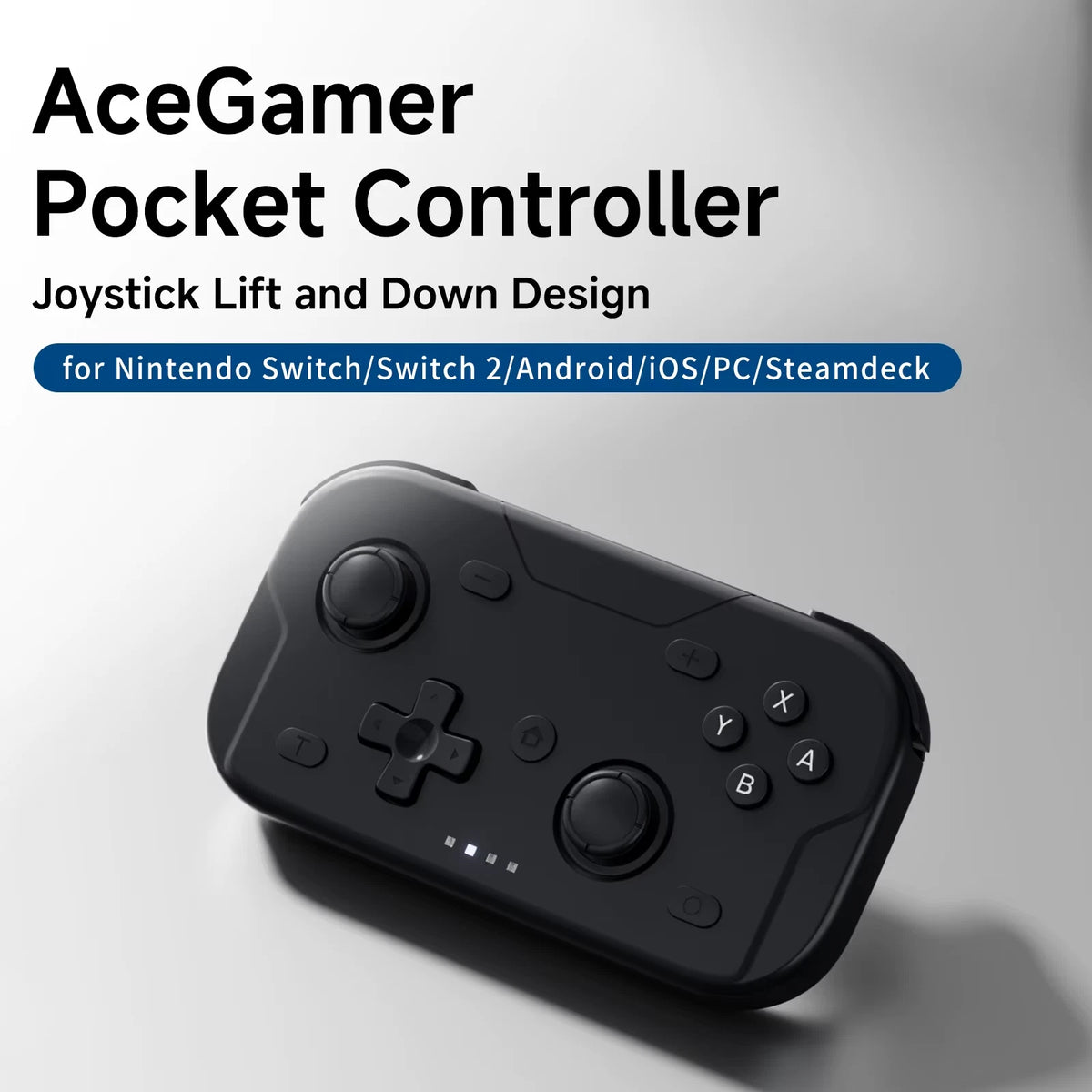 AceGamer Pocket Controller with dual joysticks, D‑pad, and action buttons for Nintendo Switch, Android, iOS, PC, and Steamdeck. Compact black design with joystick lift‑and‑down feature.