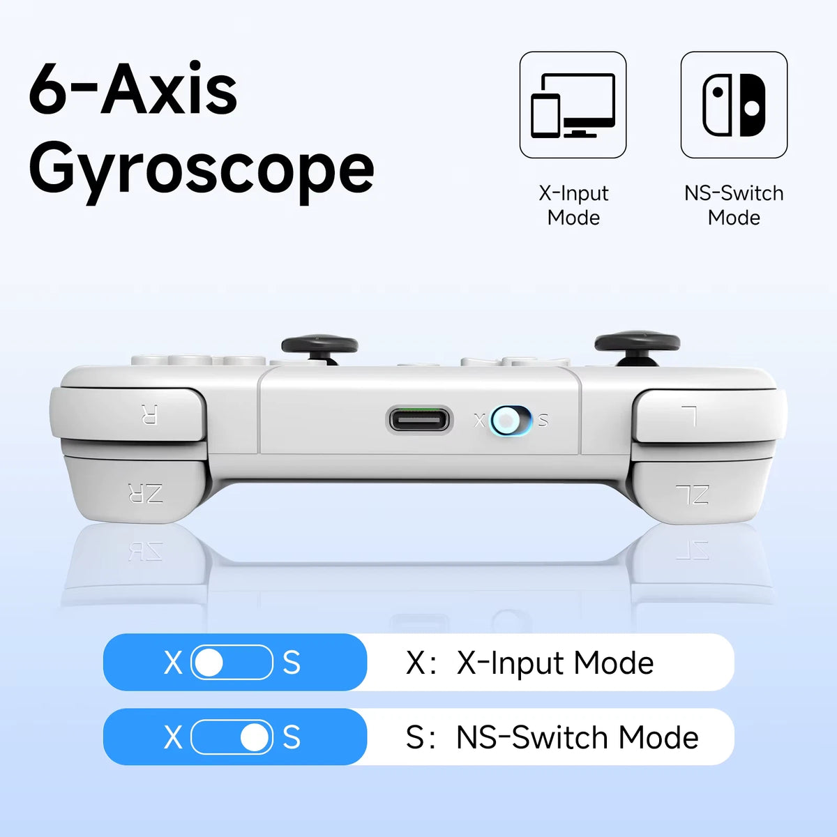 Gaming controller with 6-axis gyroscope on a light blue background