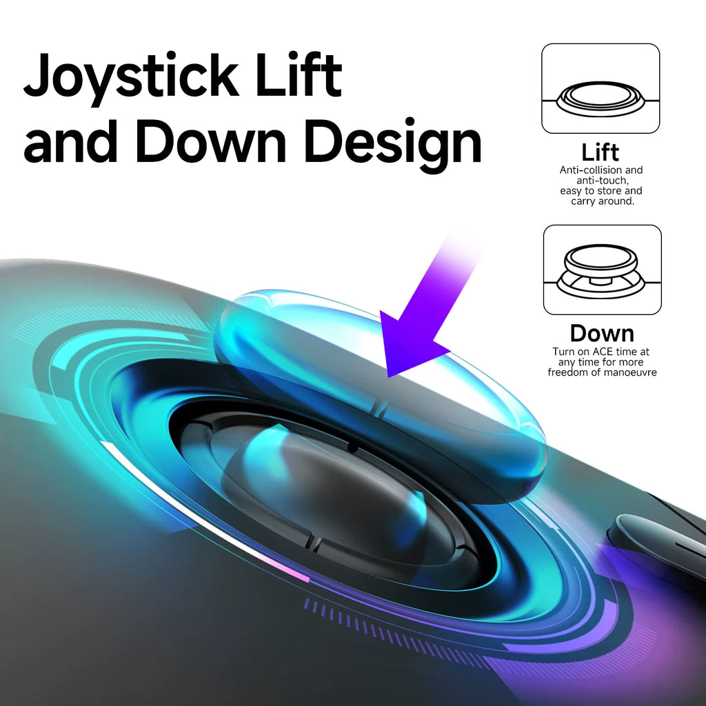 ACEGAMER Pocket Controller joystick close‑up showing lift‑and‑down design with blue lighting and purple arrow. Diagram illustrates lift position for anti‑collision storage and down position for improved manoeuvrability and control.