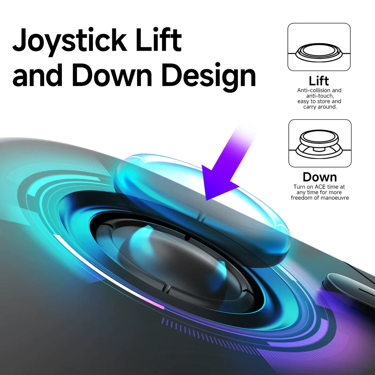 ACEGAMER Pocket Controller joystick close‑up showing lift‑and‑down design with blue lighting and purple arrow. Diagram illustrates lift position for anti‑collision storage and down position for improved manoeuvrability and control.