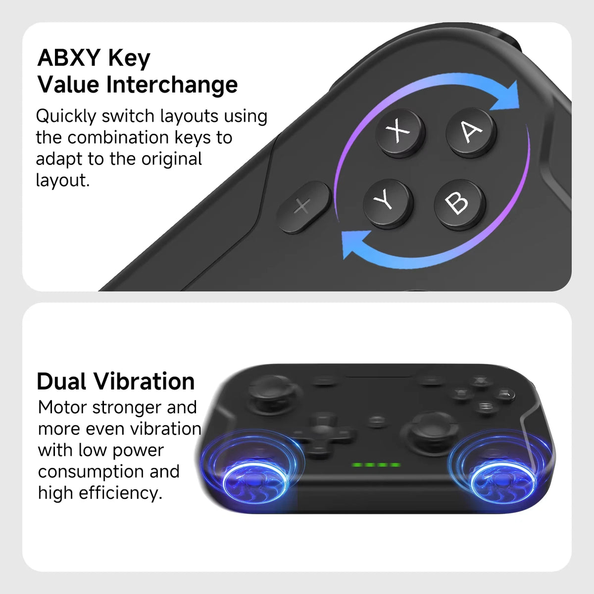 Gaming controller with ABXY key value interchange and dual vibration features on a white background.