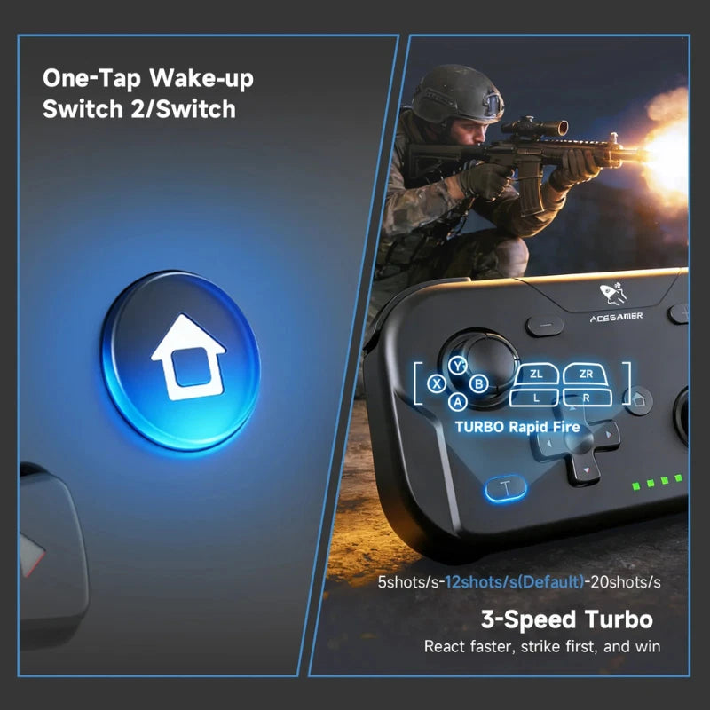 ACEGAMER Pocket Controller with blue wake‑up button and 3‑speed turbo rapid‑fire feature. Promotional graphic showing a gamer firing a rifle, highlighting one‑tap wake‑up and turbo performance for Nintendo Switch, Android, iOS, PC, and Steamdeck.