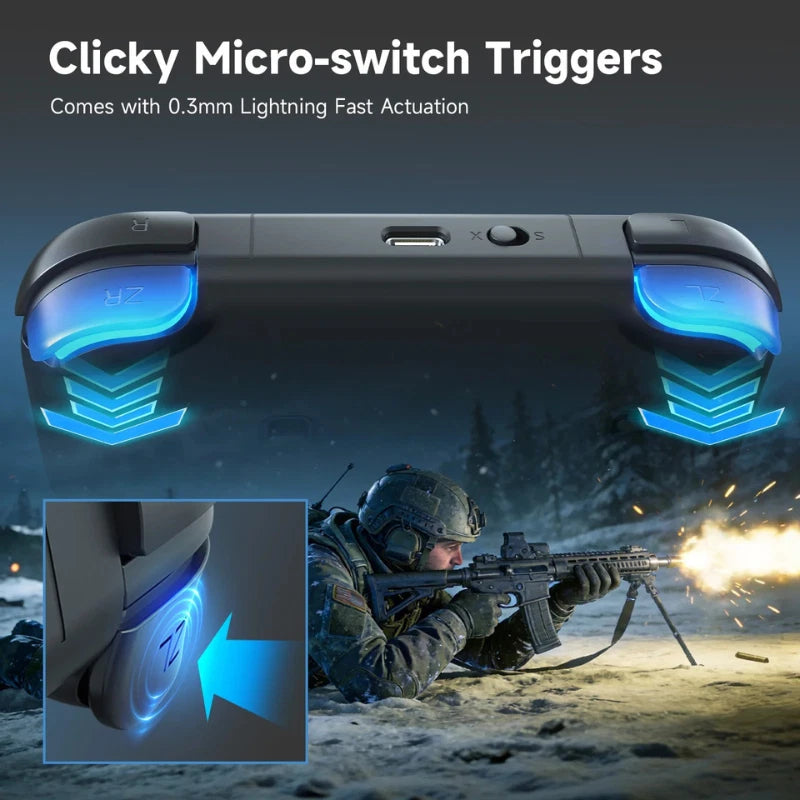 ACEGAMER Pocket Controller featuring illuminated blue clicky micro‑switch triggers labeled ZR and ZL. Promotional graphic showing 0.3 mm lightning‑fast actuation with a close‑up of the trigger and a gamer firing a rifle in the background, highlighting rapid‑response performance for action gaming.