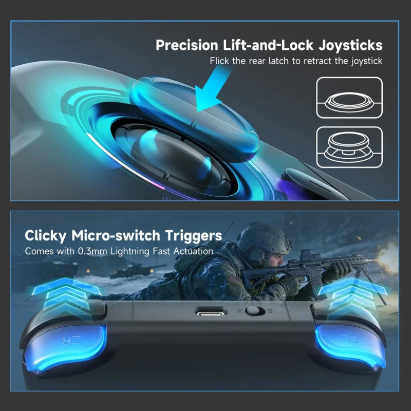 ACEGAMER Pocket Controller showing precision lift‑and‑lock joysticks with blue lighting and clicky micro‑switch triggers. Promotional graphic highlighting 0.3 mm lightning‑fast actuation and retractable joystick design for enhanced gaming performance.